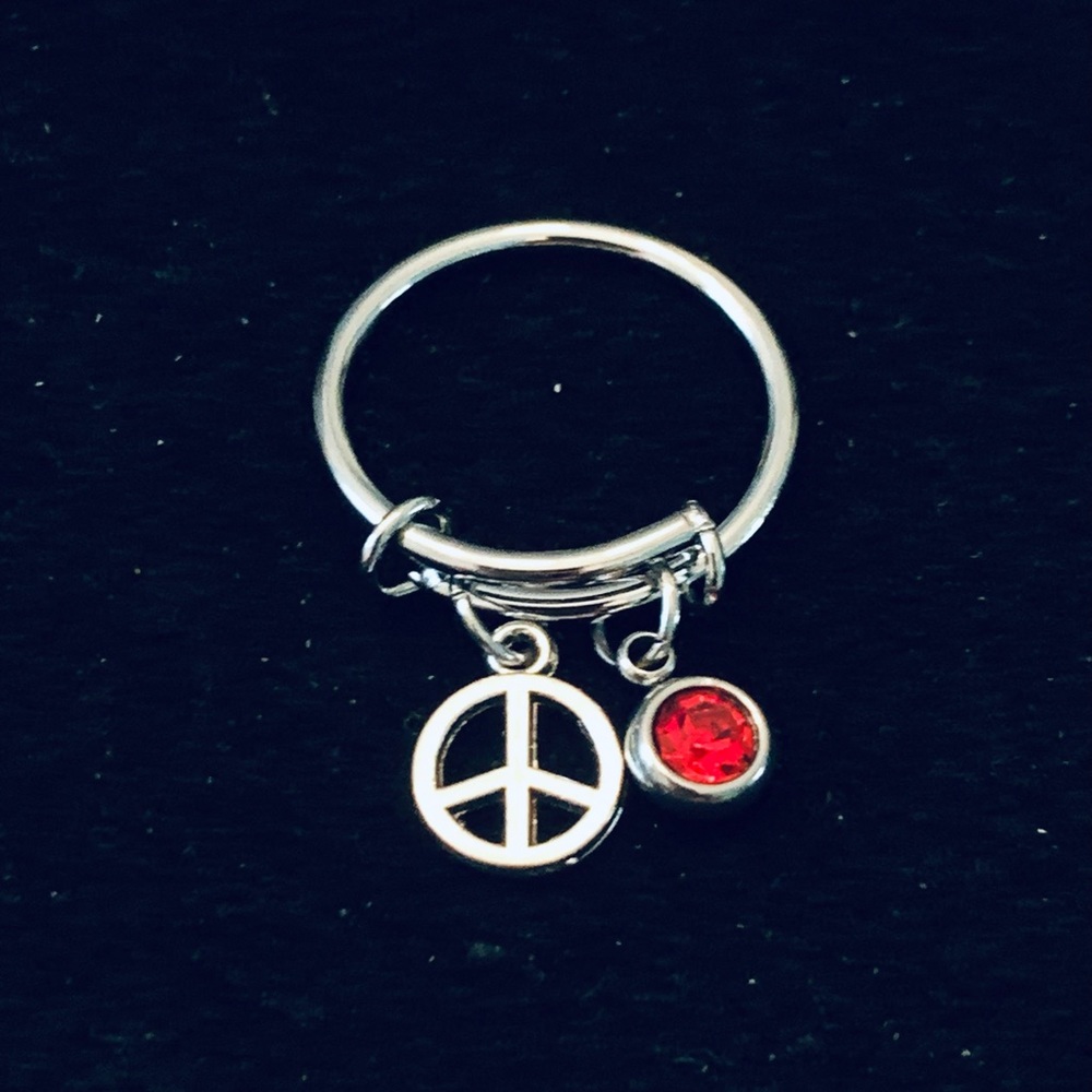 Peace Sign dangle charm ring with birthstone charm